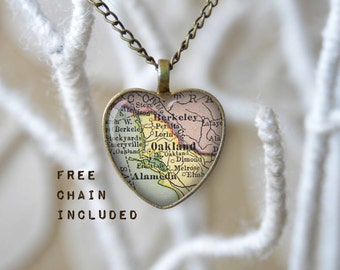 Oakland California heart shape map necklace. Romantic gift pendant. Free matching chain is included.