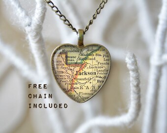 Jackson Mississippi heart shape vintage map necklace. Location gift pendant. Free matching chain is included.