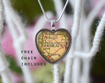 Bordeaux heart shape vintage map necklace. Location gift pendant. Free matching chain is included.