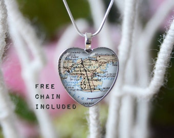 Charlottetown Canada heart shape vintage map necklace. Location gift pendant. Free matching chain is included.