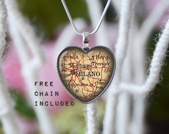 Milano heart shape vintage map necklace. Location gift pendant. Free matching chain is included.