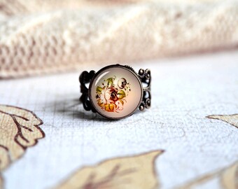 Folk rose flower adjustable ring, antique silver or antique bronze. Choose your finish