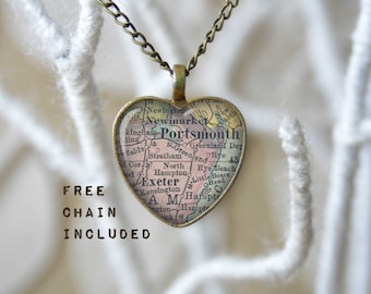 Portsmouth New Hampshiere heart shape vintage map necklace. Location gift pendant. Free matching chain is included.