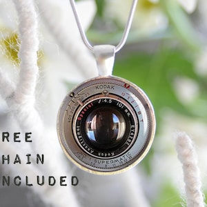 Old camera lens image necklace. Photographers gift pendant. Free matching chain is included.