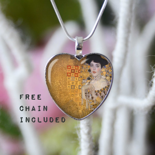 Portrait of Adele Bloch-Bauer I, Gustav Klimt fine art heart shape necklace. Romantic gift pendant. Free matching chain is included.