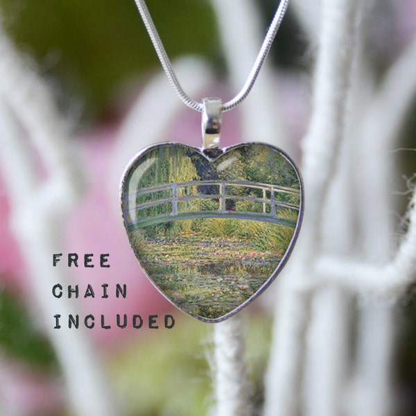 The Water Lily Pond, Claude Monet fine art heart shape necklace. Romantic gift pendant. Free matching chain is included.