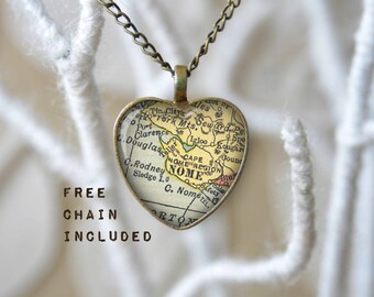 Nome Alaska heart shape map necklace. Romantic gift pendant. Free matching chain is included.