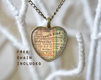 South Bend Indiana heart shape vintage map necklace. Location gift pendant. Free matching chain is included.