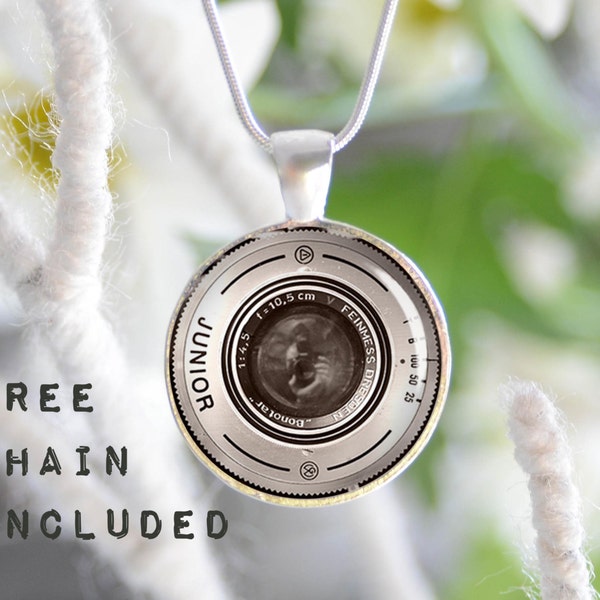 Old camera lens image necklace. Photographers gift pendant. Free matching chain is included.