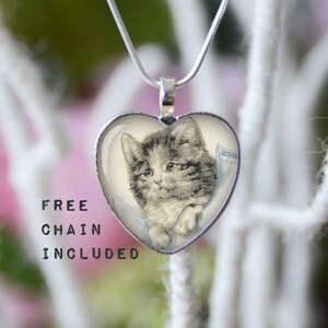 Cute Kitten vintage art heart shape necklace. Romantic gift pendant. Free matching chain is included.