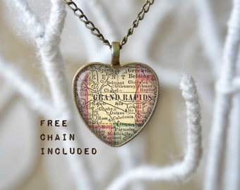 Grand Rapids Michigan heart shape vintage map necklace. Location gift pendant. Free matching chain is included.