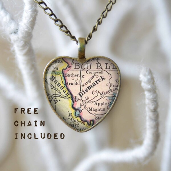 Bismarck North Dakota heart shape vintage map necklace. Location gift pendant. Free matching chain is included.