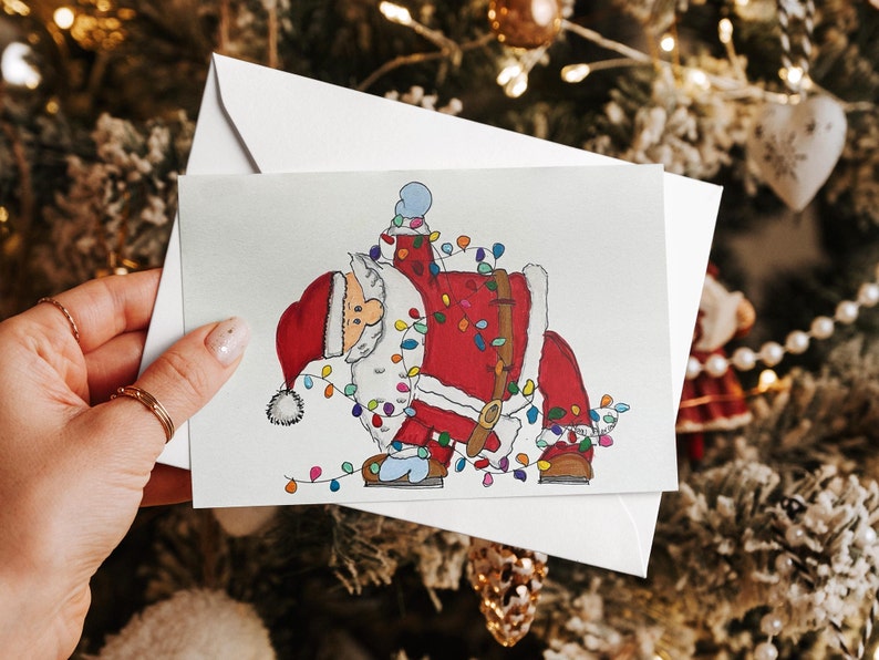 Christmas Cards, 5x8 , Set of 4, Yoga Santa, Music Santa, Reading Santa, Teacher Santa, Soccer Santa, Select your set image 2