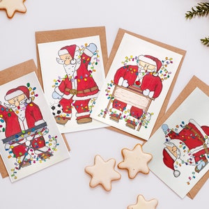 Christmas Cards, 5x8 , Set of 4, Yoga Santa, Music Santa, Reading Santa, Teacher Santa, Soccer Santa, Select your set image 1