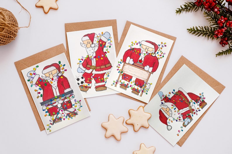 Christmas Cards, 5x8 , Set of 4, Yoga Santa, Music Santa, Reading Santa, Teacher Santa, Soccer Santa, Select your set image 1