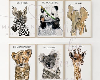 Safari Nursery prints, Set of 6 Prints, Baby Animals, Nursery Decor, Nursery Wall art, Original Art, Baby Animals, Baby Room, Baby Decor