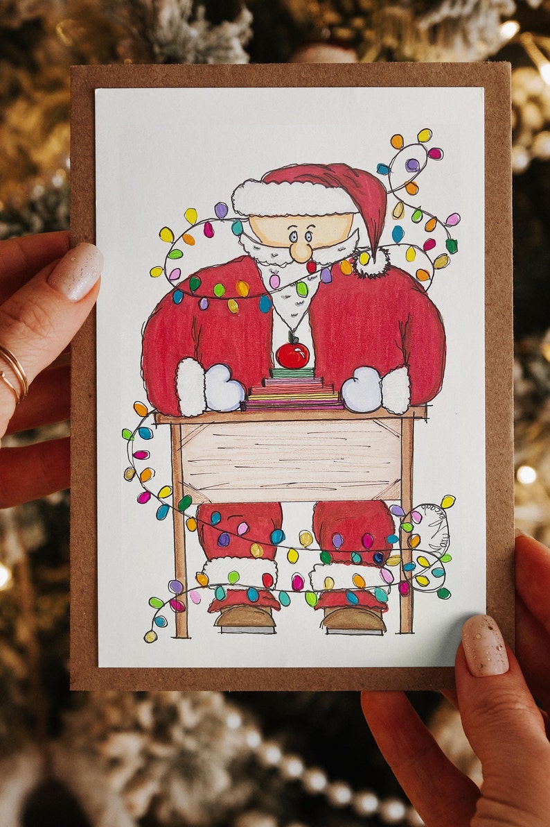 Christmas Cards, 5x8 , Set of 4, Yoga Santa, Music Santa, Reading Santa, Teacher Santa, Soccer Santa, Select your set image 5