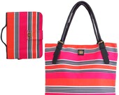 Bagabook Bold Pink & Cerise Candy Stripe Design, Elegant Set: Tote Style Shoulder Bag + Book Bible Journal Cover Carrier w Unique Hand Strap