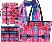 Bagabook Charming Bouquet Design, Daily Ultimate Set: Tote Shoulder Bag, Fashion Scarf, Ipad Pouch, Book Cover Carrier w Unique Hand Strap