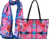 Tote Bag Shoulder Style Georgette Fashion Scarf Bagabook Pink & Cerise Bouquet Floral Design Set