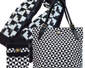 Bagabook Classic Black and White Design, Daily Essential Set: Tote Style Shoulder Bag + Fashion Scarf + Ipad Tablet Pouch Sleeve
