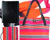 Candy Stripe Design Tote Shoulder Bag Long Scarf  Book Cover Bible Carrier  Black Croc iPad Case Bagabook Set