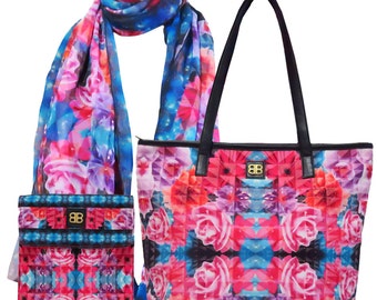 Bagabook Charming Pink & Cerise Bouquet Floral Daily Essential Set: Tote Style Shoulder Bag + Fashion Scarf + Ipad Tablet Pouch Sleeve