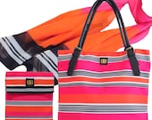 Bagabook Bold Candy Stripe Design, Daily Essential Set: Tote Style Shoulder Bag + Fashion Scarf + Ipad Tablet Pouch Sleeve