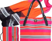 Bagabook Bold Candy Stripe Design, Daily Essential Set: Tote Shoulder Bag + Fashion Scarf + Book / Bible Cover Carrier w Unique Hand Strap