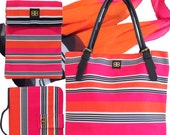 Bagabook, Bold Candy Stripe Design, Daily Ultimate Set: Tote Shoulder Bag, Fashion Scarf, Ipad Pouch, Book Cover Carrier w Unique Hand Strap