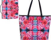Bagabook Charming Pink & Cerise Bouquet Design, Elegant Set: Tote Style Shoulder Bag + Book Journal Cover Carrier w Unique Hand Strap