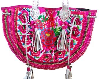 Pink Ibiza tribal tote with leather strap and tassels, festival bag,  boho bag, Beach bag