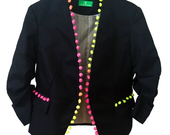 Black neon pompom jacket, pom pom blazer, festival boho Ibiza pompom jacket