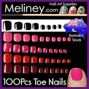 May include: 100 pieces of toe nails in four different colours: black, pink, red, and burgundy. The nails are arranged in rows by size and colour. The image also includes a close-up of a toe with a pink toe nail.