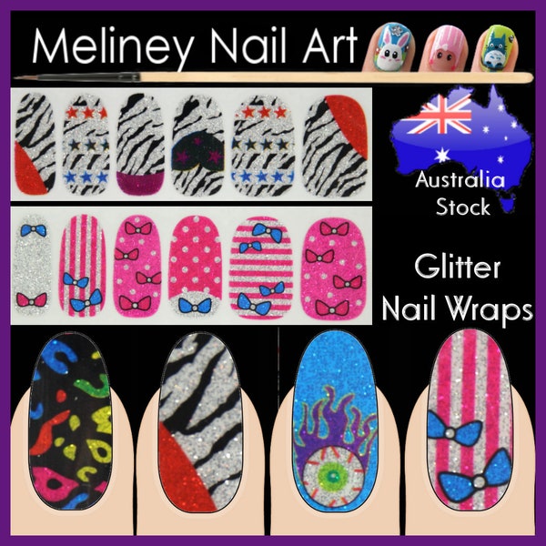 Glitter Nail Wraps Full Cover Nails Art Stickers Pattern Rainbow Leopard Zebra halloween eyeball pink blue bow stripes  Kids meliney