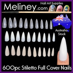 May include: 600 clear and opaque stiletto full cover nails in various sizes. The nails are arranged in three rows on a black background. The image also includes a close-up of a finger wearing a white stiletto nail.