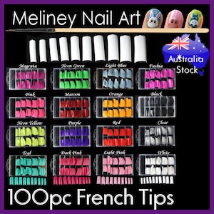 May include: 100 pack of French nail tips in a variety of colours, including magenta, neon green, light blue, fuchsia, pink, maroon, orange, black, neon yellow, purple, red, clear, teal, dark pink, light pink, and white. The tips are arranged in clear plastic boxes.