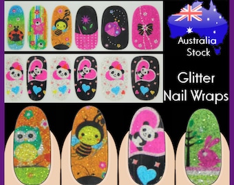 Glitter Nail Wraps Full Cover Nails Art Stickers Cartoon Owl Panda Conejo Conejo Pascua Bonita Mariposa Miel Abeja Oso de Peluche Animales Niños Niños