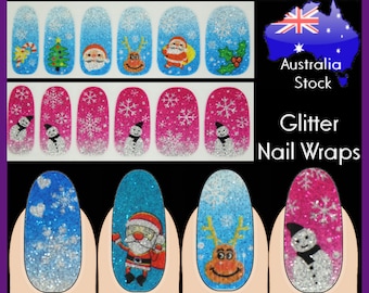 Glitter Nail Wraps Full Cover Nails Art Stickers xmas Christmas winter holiday snowflake snow flake rein deer snowman santa Kids tree