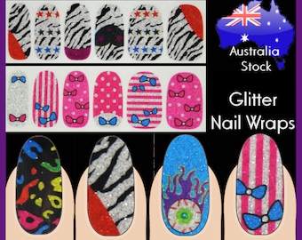 Glitter Nail Wraps Full Cover Nails Art Stickers Patrón Arco Iris LeopardO Zebra Halloween globo de ojos rosa azul arco rayas Niños meliney