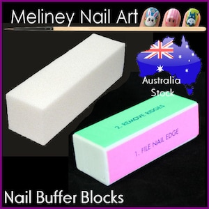 May include: Two nail buffer blocks are displayed. One is white, rectangular, and the other is a multi-colored block with pink, green, and white sides. The text "Meliney Nail Art" and "Nail Buffer Blocks" are visible. The multi-colored block has the text "1. FILE NAIL EDGE" and "2. REMOVE RIDGES".