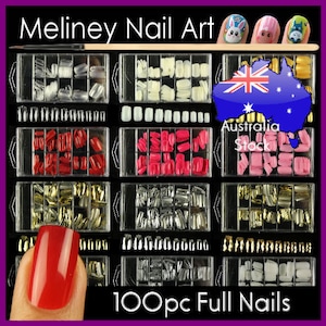 May include: 100pc Full Nails in a variety of colours and styles, including silver, gold, white, pink, red, and clear. The nails are displayed in clear plastic containers. The image also features the text "Meliney Nail Art" and "Australia Stock".