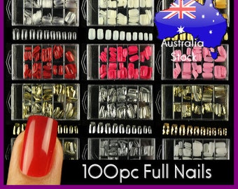 100pc Mid Full Cover False Nails Metallic Manicure Acrylic UV Gel Gold Silver Red press on nails