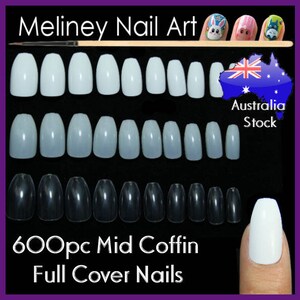 May include: 600 piece set of mid coffin full cover nails in clear, natural, and opaque white colours. The nails are arranged in rows by size and colour. The image also includes a close-up of a finger wearing a white nail.