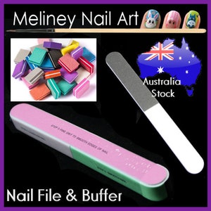 May include: A collection of nail art supplies, including colorful nail buffers and files. The image features a pink and green nail file, along with a gray and white nail file. The text "Meliney Nail Art" and "Nail File & Buffer" are displayed.