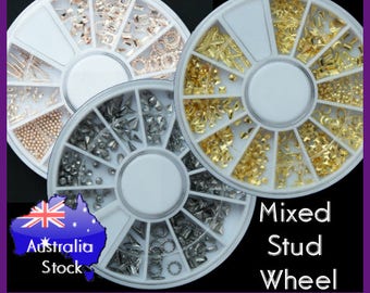 Mixed Metal Stud Nail Art Decoration Wheel Metal Slices Metallic Beads Gold Silver Textured Round Shapes Craft Accessories Color Neon