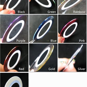 May include: Assortment of 10 rolls of metallic nail art striping tape in various colours, including black, green, rainbow, purple, blue, pink, red, gold, silver, and white.