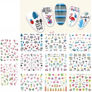 11pc Tropical Holiday Nail Art Stickers manicure DIY Craft flamingo cactus leaves pineapple palm tree coconut fruits nautical mermaid fish