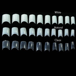 May include: A set of 30 full cover nail tips in three colors: white, natural, and clear. The tips are arranged in rows, with each row representing a different color.