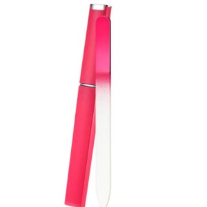 May include: A pink nail file with a white, slightly textured surface. The file is in a protective case.